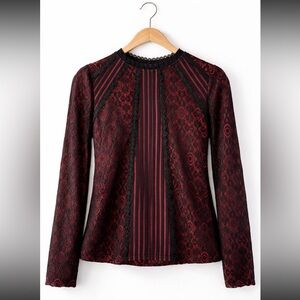 Long-Sleeve Lace Panel Blouse in Burgundy and Black